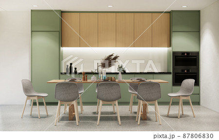 japandi modern scandinavian style apartment interior, kitchen and dining room design, 3d background. 87806830