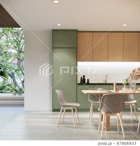 japandi modern scandinavian style apartment interior design, kitchen and dining room design, 3d background. 87806833