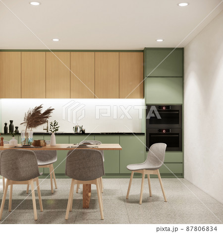 japandi modern style apartment interior, kitchen and dining room design, 3d render background. 87806834