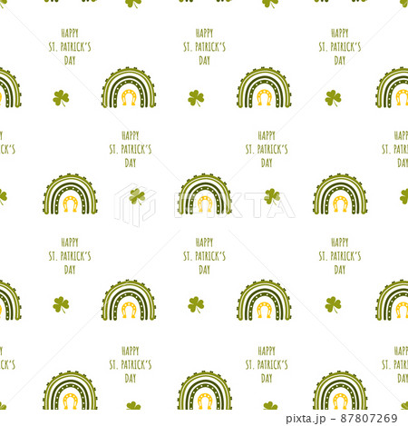 St. Patrick day seamless pattern with boho rainbow. Childish print for irish holidays. Scandinavian design for clothes, wrapping paper, fabric, wallpaper. Cute vector illustration with shamrock St. Patrick day seamless pattern with boho rainbow. Childish print for irish holidays. Scandinavian design for clothes, wrapping paper, fabric, wallpaper. Cute vector illustration with shamrock 87807269