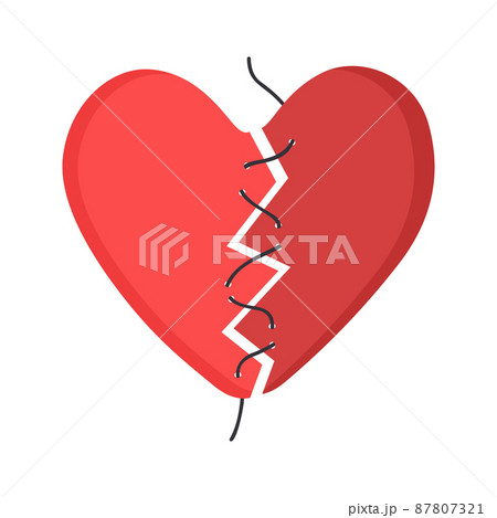 Red heart, torn into 2 parts and sewn with thread. Concept of broken love, sad end of relationship, lack of care and help. Vector flat illustration 87807321