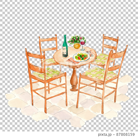 昼下がりのオープンカフェ【手描き水彩画】白バック 透過背景 コピースペース 87808159