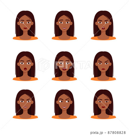 Set of emotions of beautiful dark skinned girl with dark hair. Set of different female emotions, vector illustration 87808828