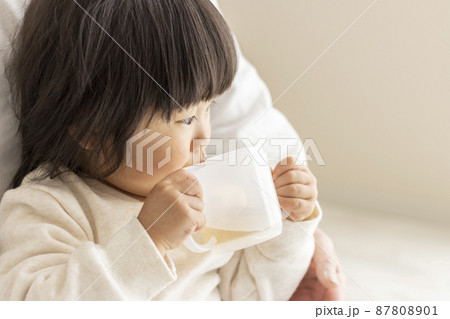 コップでお茶を飲む赤ちゃん（1歳8か月、女の子、日本人） 87808901