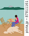 Woman enjoying beautiful seascape and having lunch, sitting with a dog at coast 87811161