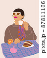 Woman having Italian breakfast, sitting by the table with checkered cloth. Vector illustration 87811166