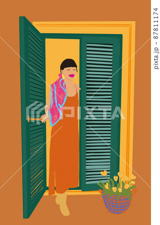 Woman in dress looking out the window with blinds. Vector illustration Woman in dress looking out the window with blinds. Vector illustration 87811174