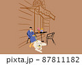 Stylish woman with her dog at cafe on street. Vector illustration 87811182