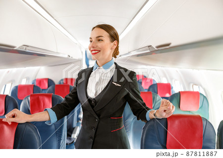 Joyful woman flight attendant standing in aircraft passenger salon Joyful woman flight attendant standing in aircraft passenger salon 87811887