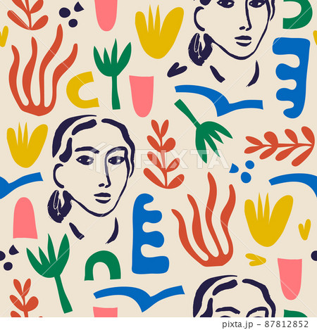 Vector woman art seamless pattern, background. Matisse inspired hand drawn contemporary women portraits, flowers and abstract shapes for print wall art decor, retro style. collage. 87812852
