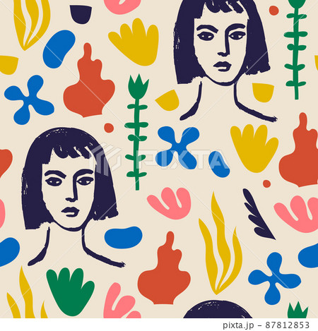 Vector woman art seamless pattern, background. Matisse inspired hand drawn contemporary women portraits, flowers and abstract shapes for print wall art decor, retro style. collage. 87812853