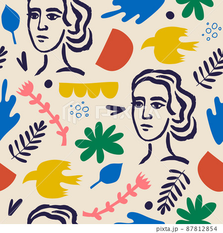 Vector woman art seamless pattern, background. Matisse inspired hand drawn contemporary women portraits, flowers and abstract shapes for print wall art decor, retro style. collage. 87812854