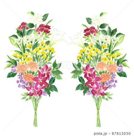 仏花セット 一対の花束手描き水彩画】白バック 透過背景 コピースペースあり 87813030