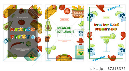 Traditional Mexican food banner. vector cartoon illustration. Mexican street, restaraunt and homemade food and drinks icons for ethnic menu. Cinco de mayo 87813375