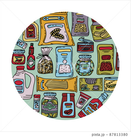 Vector doodle grocery store banner. Hand drawn scetch icons. Food and drink. Natural canned, bakery and cereal products 87813380