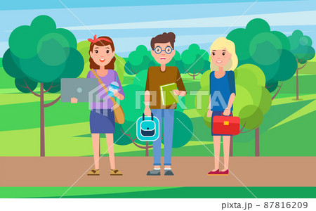 Students Girl with Laptop and Drink, Boy Textbook 87816209