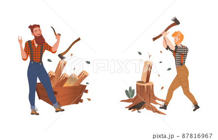 Lumberjacks cutting trees with axe set. Logging industry workers in plaid shirts cartoon vector illustration Lumberjacks cutting trees with axe set. Logging industry workers in plaid shirts cartoon vector illustration 87816967