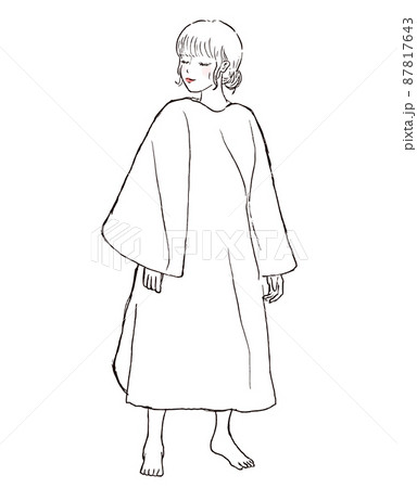 サウナポンチョを着てサウナに入る女性。ロングヘアで目を閉じて横を向いている全身イラスト。 サウナポンチョを着てサウナに入る女性。ロングヘアで目を閉じて横を向いている全身イラスト。 87817643