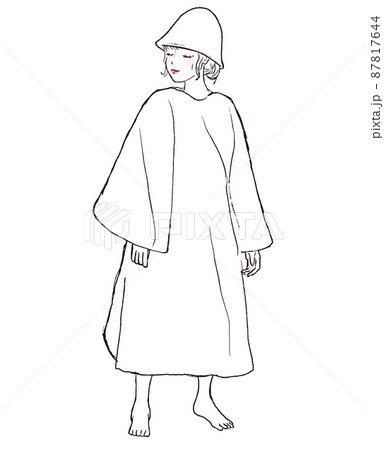 サウナポンチョとハットを着けてサウナに入る女性。ロングヘアで目を閉じて横を向いている全身イラスト。 サウナポンチョとハットを着けてサウナに入る女性。ロングヘアで目を閉じて横を向いている全身イラスト。 87817644