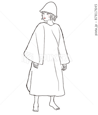 サウナポンチョとサウナハットを着けてサウナに入る女性。ロングヘアで横を向いている全身イラスト。 87817645