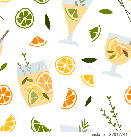 Fresh homemade lemonade, soda, mojito cocktail with lemon and mint. Summer tropic drink, cold citrus refreshing beverage in glass. Vector flat cartoon illustration, seamless pattern Fresh homemade lemonade, soda, mojito cocktail with lemon and mint. Summer tropic drink, cold citrus refreshing beverage in glass. Vector flat cartoon illustration, seamless pattern 87817741