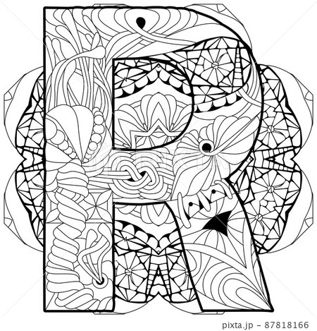 Letter R monogram, engraving design on mandala for coloring. Vector illustration. 87818166