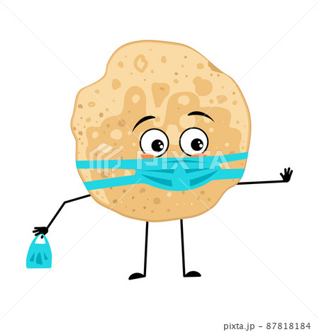 Pancake character with sad emotions, face and mask keep distance, hands with shopping bag and stop gesture. Baking person, homemade pastry with care expression. Food emoticon for carnival or 87818184