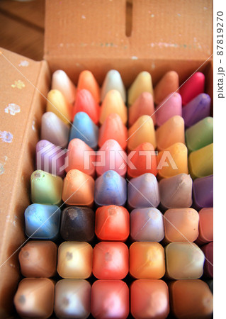A box of colored crayons not yet touched by babies A box of colored crayons not yet touched by babies 87819270