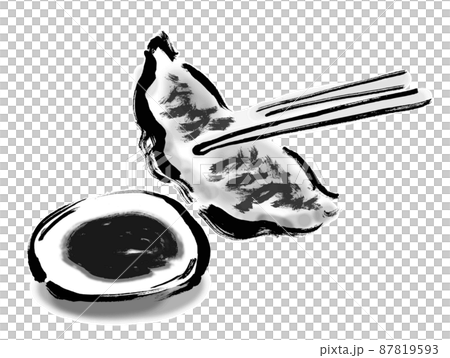 餃子を箸で掴んでいる手描き和風イラスト　モノクロ 87819593
