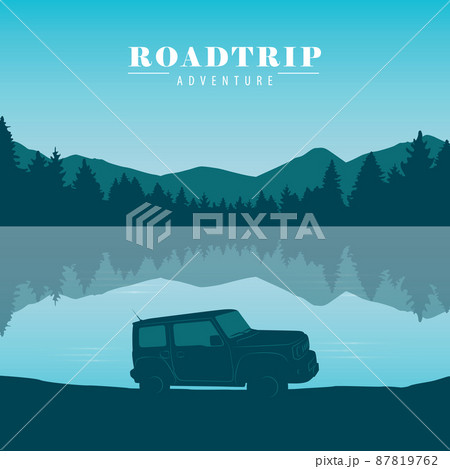 nature landscape by the lake roadtrip adventure with offroad car 87819762