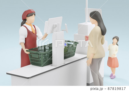 スーパーマーケットのレジで会計する母娘 / 生活と物価変動・食品値上げ・セルフ式会計のイメージ 87819817