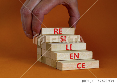 Resilience symbol. Wooden blocks with the word Resilience. Beautiful orange background, copy space. Businessman hand. Business, resilience concept. 87821934