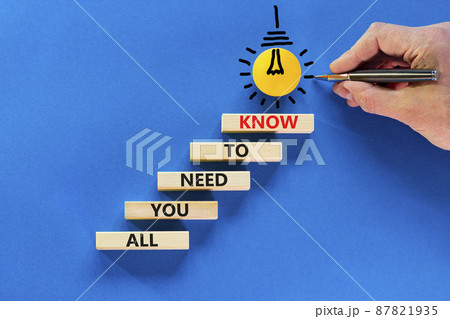 All you need to know symbol. Wooden blocks with words All you need to know on blue background, copy space. Light bulb icon. Businessman hand with pen. Business, all you need to know concept. 87821935
