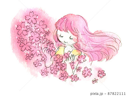 桜の花びらと女性　水彩イラスト 87822111