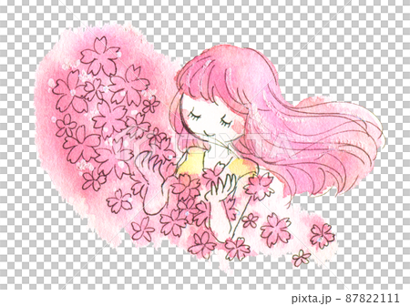 桜の花びらと女性　水彩イラスト 87822111