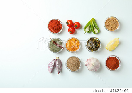 Concept of aromatic spices on white background Concept of aromatic spices on white background 87822466