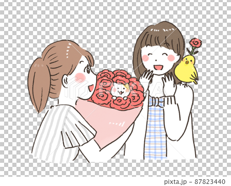 A hand-painted watercolor-style illustration of a woman handing a bouquet on Mother's Day A hand-painted watercolor-style illustration of a woman handing a bouquet on Mother's Day 87823440