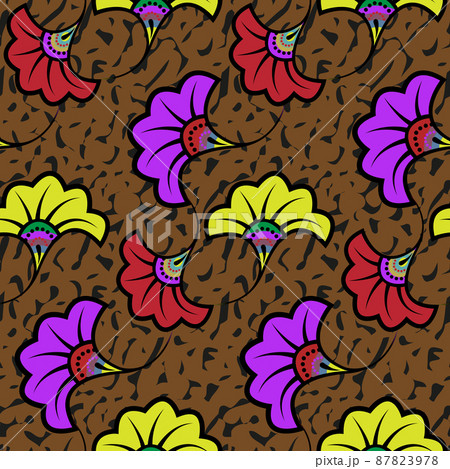 African Wax Print fabric, Ethnic handmade ornament seamless design, tribal pattern motifs floral elements. Vector texture, afro colorful textile Ankara fashion style. Pareo wrap dress wedding flowers African Wax Print fabric, Ethnic handmade ornament seamless design, tribal pattern motifs floral elements. Vector texture, afro colorful textile Ankara fashion style. Pareo wrap dress wedding flowers 87823978
