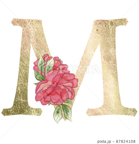 Gold capital letter M decorated with peonies flowers and leaves. 87824108