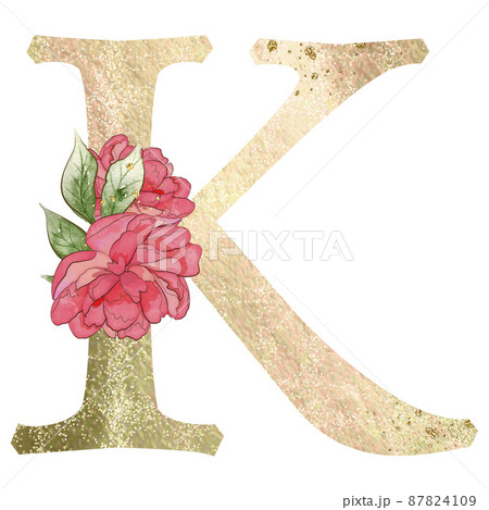 Gold capital letter K decorated with peonies flowers and leaves. 87824109