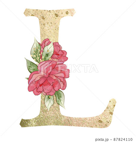 Gold capital letter L decorated with peonies flowers and leaves. 87824110
