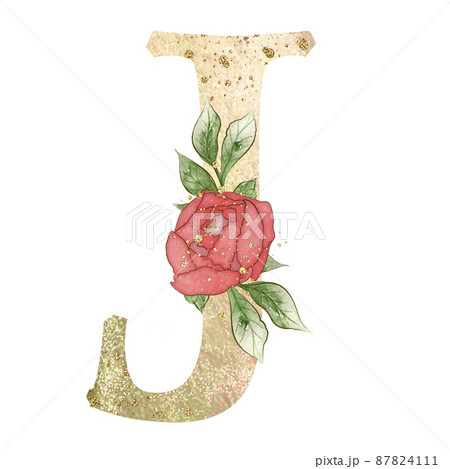 Gold capital letter J decorated with peonies flowers and leaves. Gold capital letter J decorated with peonies flowers and leaves. 87824111