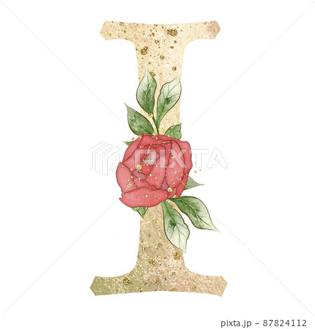 Gold capital letter I decorated with peonies flowers and leaves. 87824112