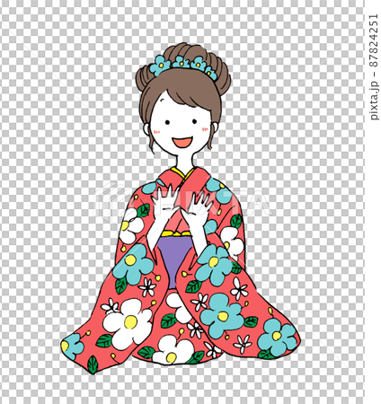 一位身穿和服的年輕日本女性的插圖，帶有可愛的觸感 87824251