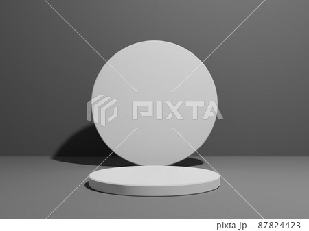 Dark graphite gray, black and white, 3D render of a simple, minimal composition with one cylinder stand or podium for product display or advertising with geometric shapes, empty background with space Dark graphite gray, black and white, 3D render of a simple, minimal composition with one cylinder stand or podium for product display or advertising with geometric shapes, empty background with space 87824423