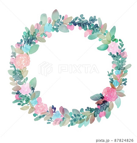 水彩画。水彩画の草木リースイラスト。水彩タッチで描いた花と草木の装飾フレーム。 水彩画。水彩画の草木リースイラスト。水彩タッチで描いた花と草木の装飾フレーム。 87824826