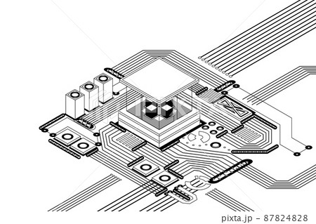Electronic cpu digital chip monochrome. Processor and electronic components on motherboard or circuit board. Microchip or microprocessor, hardware engineering. AI. Blockchain technology isometric 87824828
