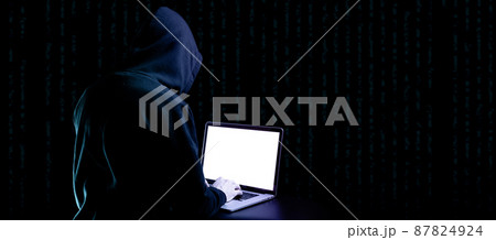 Hacker attack cyber security. Digital laptop in hacker man hand isolated on black. Internet web hack technology. Login and password, cybersecurity banner concept. Hacker attack cyber security. Digital laptop in hacker man hand isolated on black. Internet web hack technology. Login and password, cybersecurity banner concept. 87824924