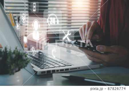 Technical support customer service concept, Person hand using smart phone with VR screen support customer icon, Technology internet concept, it support, call center and customer service help. 87826774