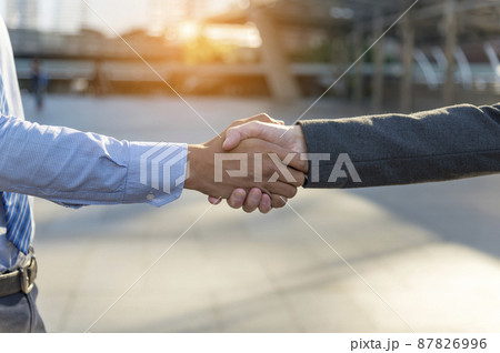 Team Business Partners shaking hands together to Greeting Start up small business in meeting room. Shakehand teamwork partners at modern office handshake together. Business mergers and acquisitions 87826996